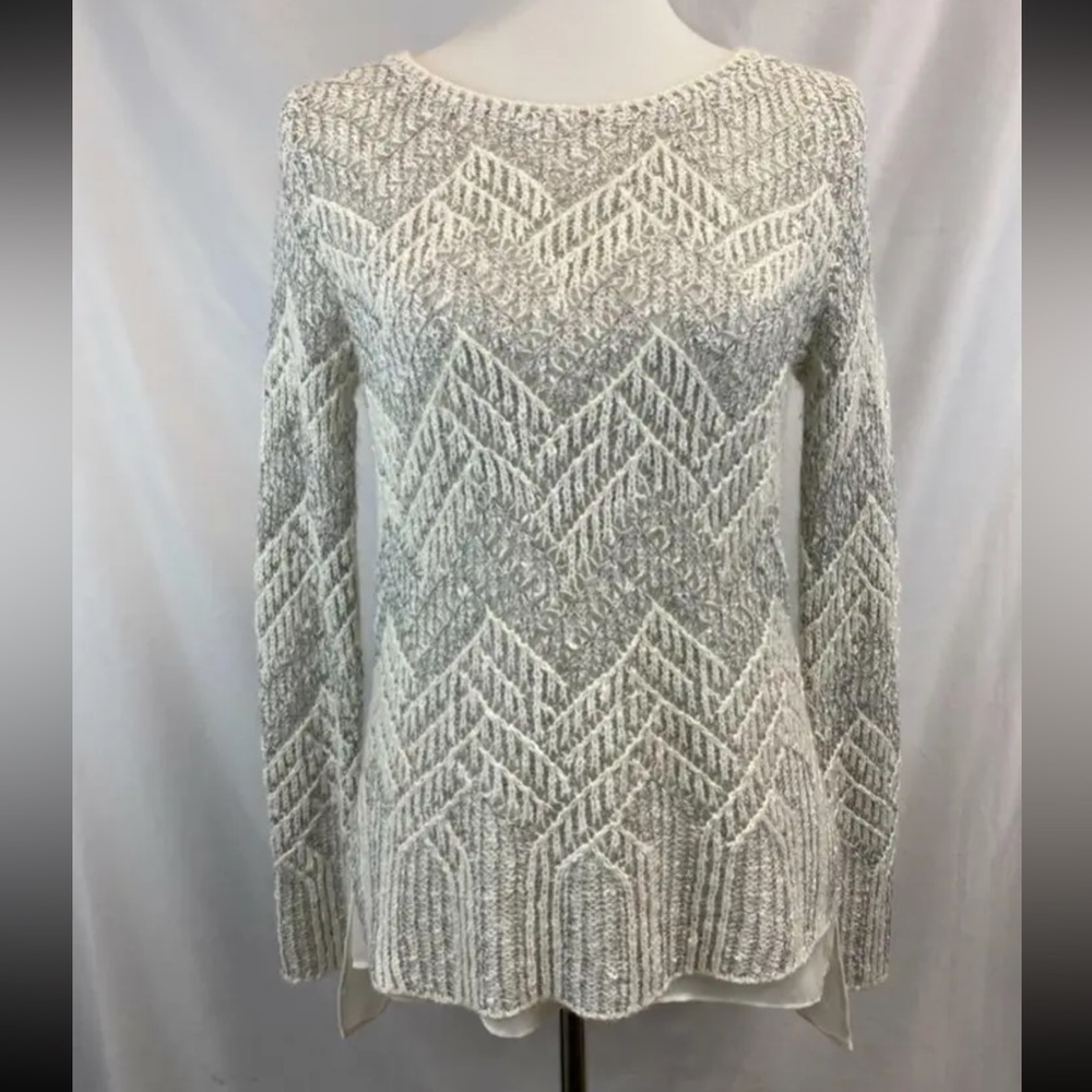 LUCKY BRAND Women's Cream Silver Sparkle Lined Textured Knit Sweater Sz S